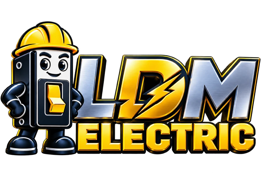 Logo oficial LDM Electric con su mascota breaker, capacete amarillo y letras metálicas
